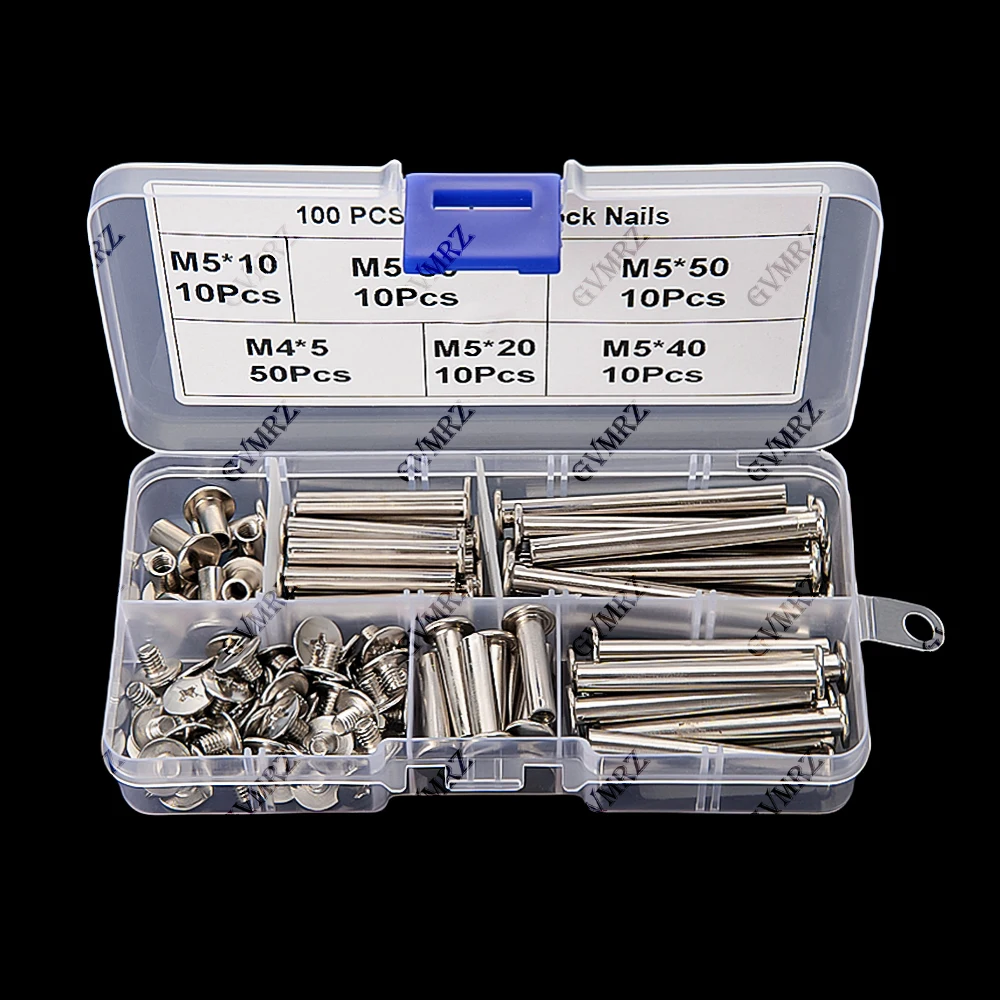100PCS M4 M5 Stainless Steel Flat Head Rivet Book To Lock Screw Album Butt Screw Nut Recipe Cross Ledger Child Mother Nail kit M