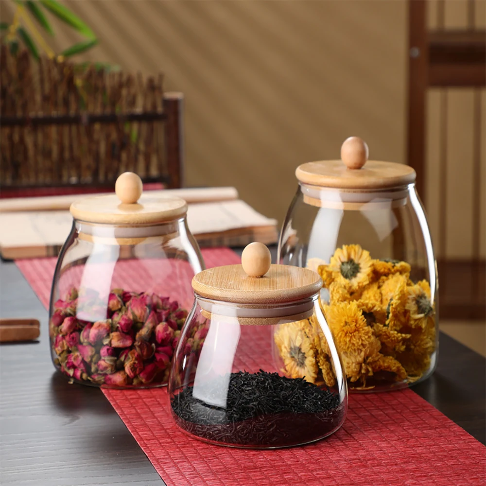 Wooden Lid Glass Sealed Jar Food Container Tea candy Kitchen Storage Bottle Jar Large Capacity Sealed For Kitchen Mason Jars