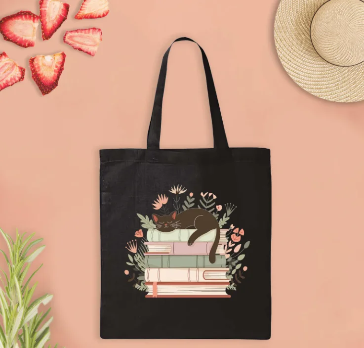 Cat and Book Floral Tote Bag Versatile Minimalist Canvas Shoulder Bag for Men Women Casual Reusable Shopping Handbag Versatile