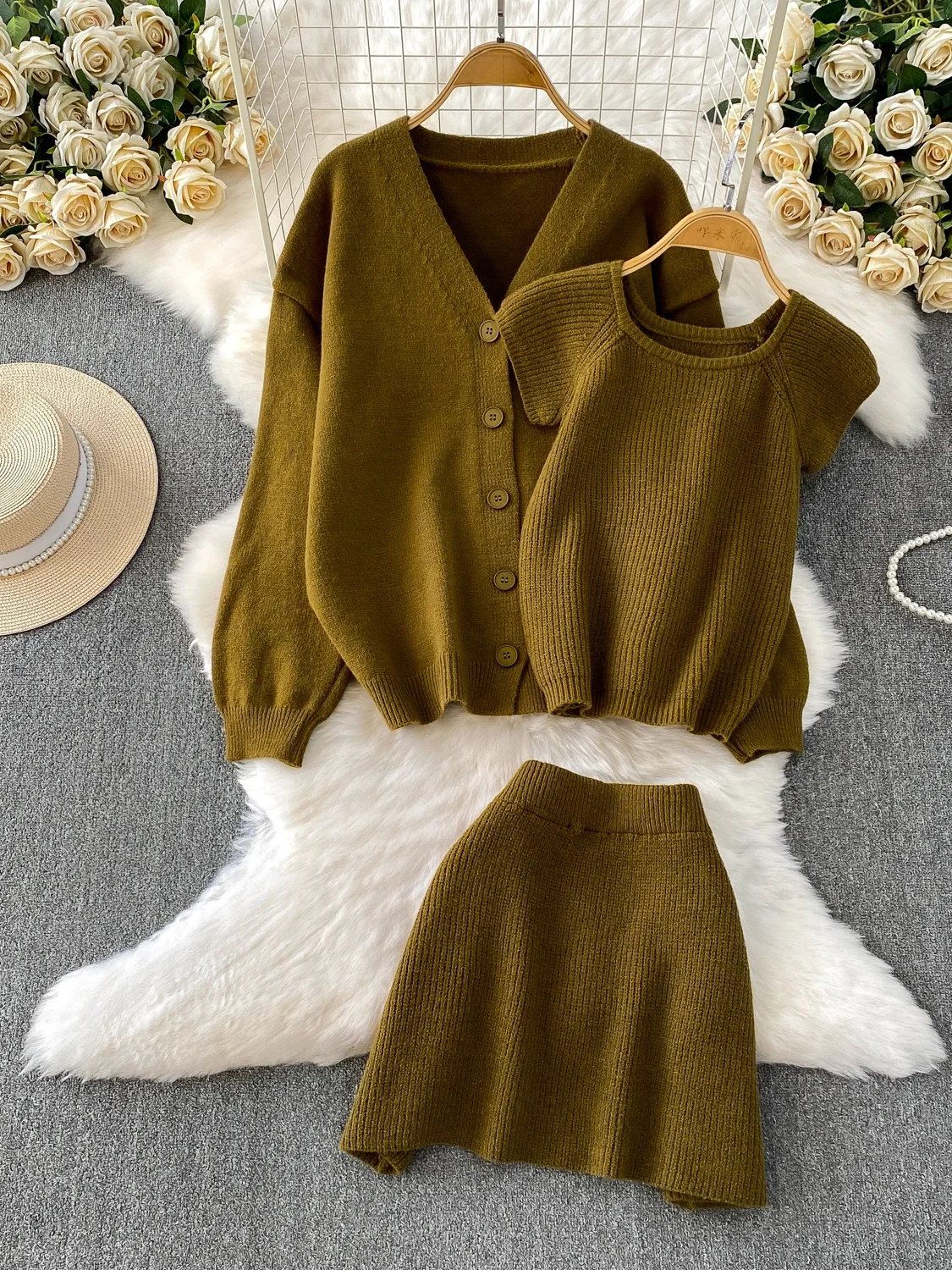 

Осень Зима Повседневная Свободная Открытая Кардиган Пальто ort Sve Base Layer Топ Высокая Талия Утягивающая Юбка Комплект Футболок