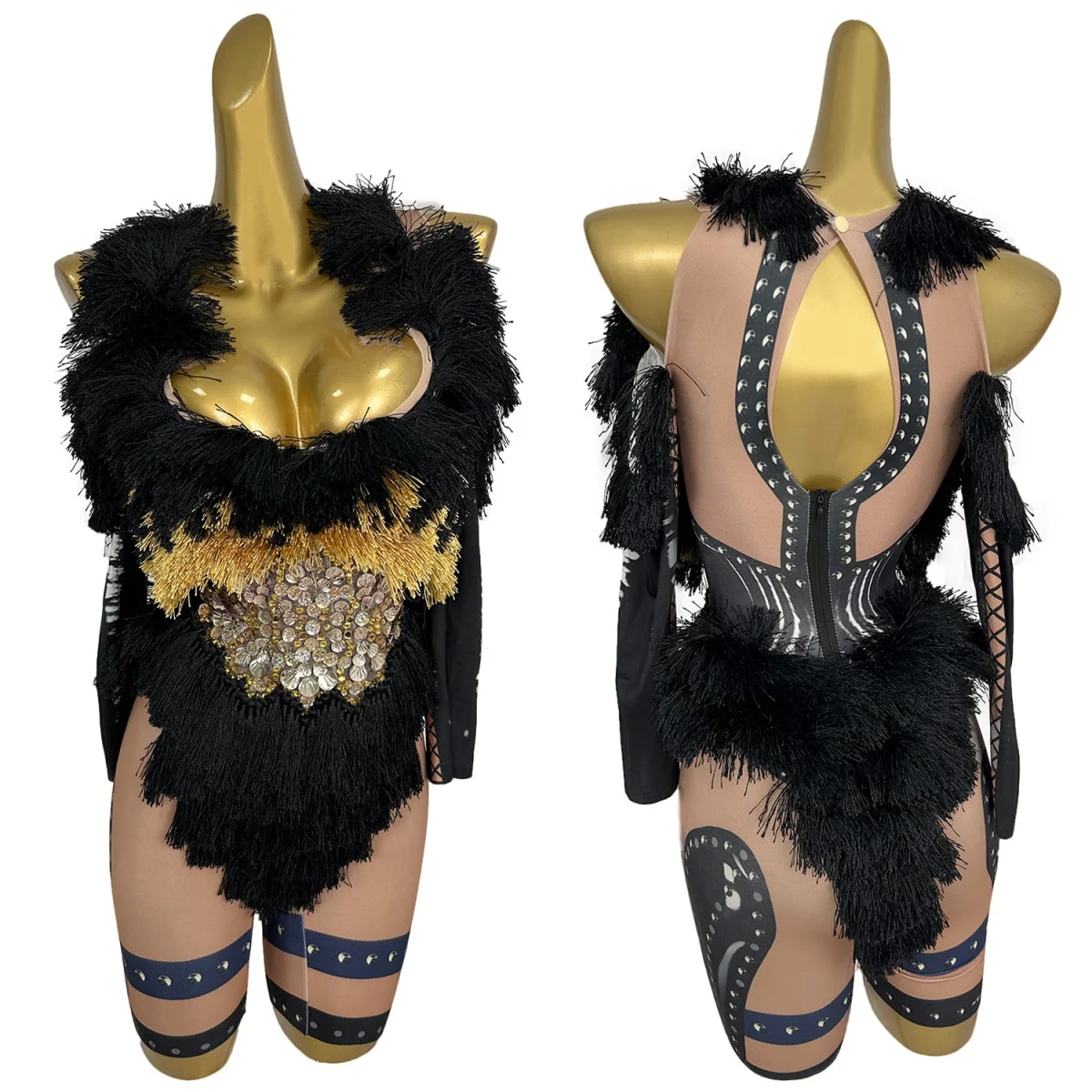 

Black Gauze Mesh Sparkly Sequins Catsuit Sexy Women Bar DJ Dance Stage Show Outfit Festival Celebrate Showgirl Tassel Bodysuit