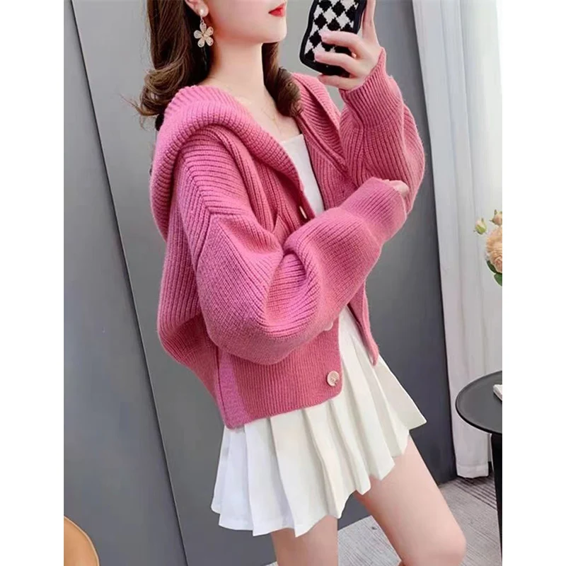 Sweet Hooded Button Pockets Solid Color Cardigan Sweaters Female Clothing 2024 Autumn Winter New Loose Knitted Casual Tops