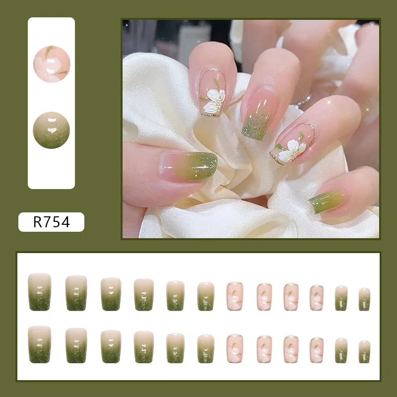 

24PCS Botanical French Press-On Nails–Medium-Long Square Shape With Green Ombré & White Camellia Glitter (Ethereal Garden Style)