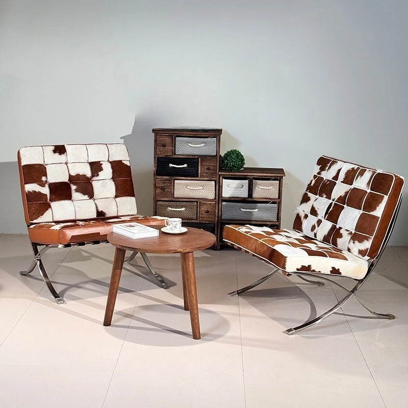 

Italian minimalist Barcelona chair designer cow leather single sofa chair living room balcony casual lazy chair