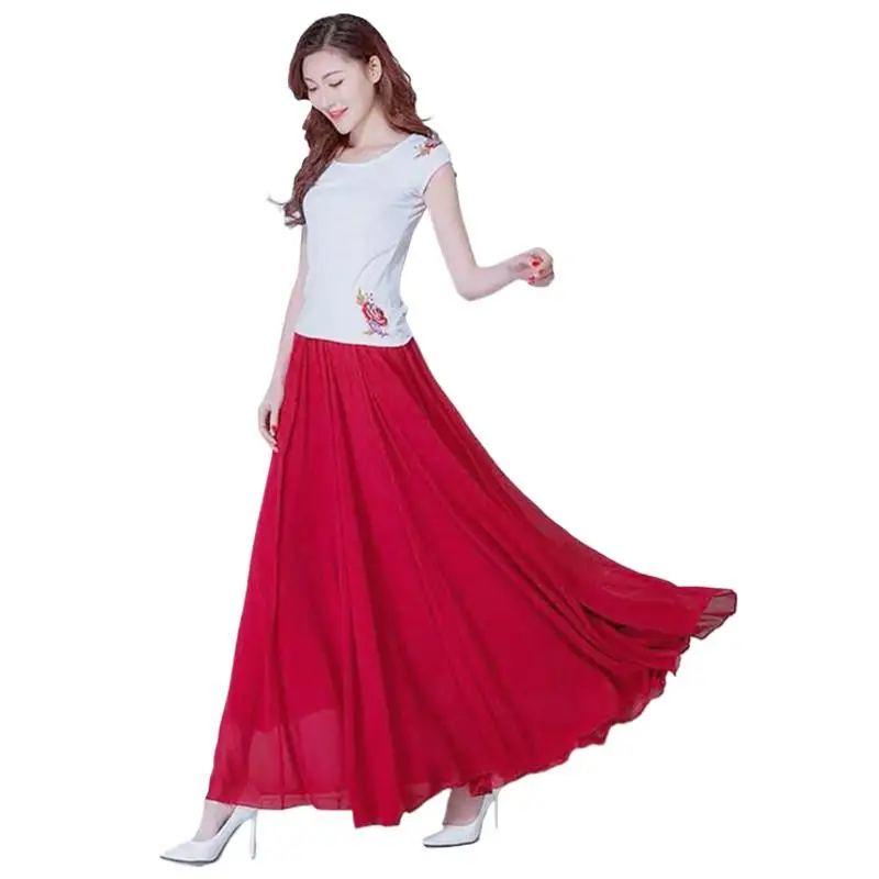 

Women Chiffon Long Skirts Solid Boho Party Skirts Holiday Loose Comfortable Skirts Vintage Vestidos Purple Red Blcak