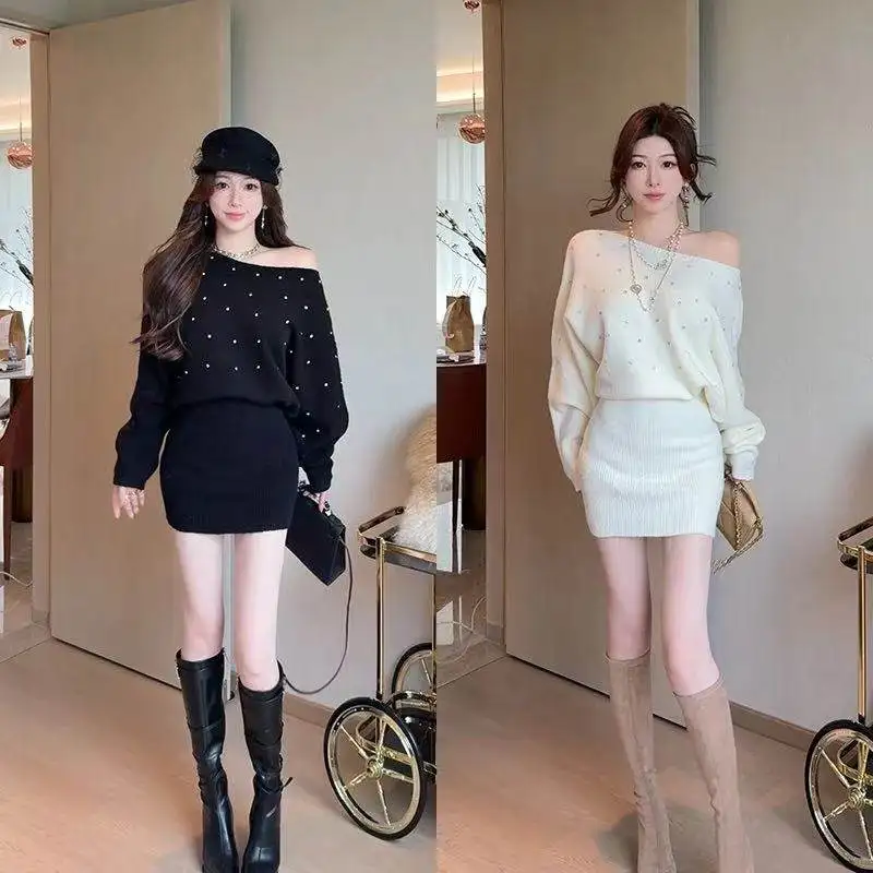 Knitted Dress for Women in Autumn and Winter Pure Desire Sexy One Shoulder Bag Skirt Bat Sleeve Sweater Skirt