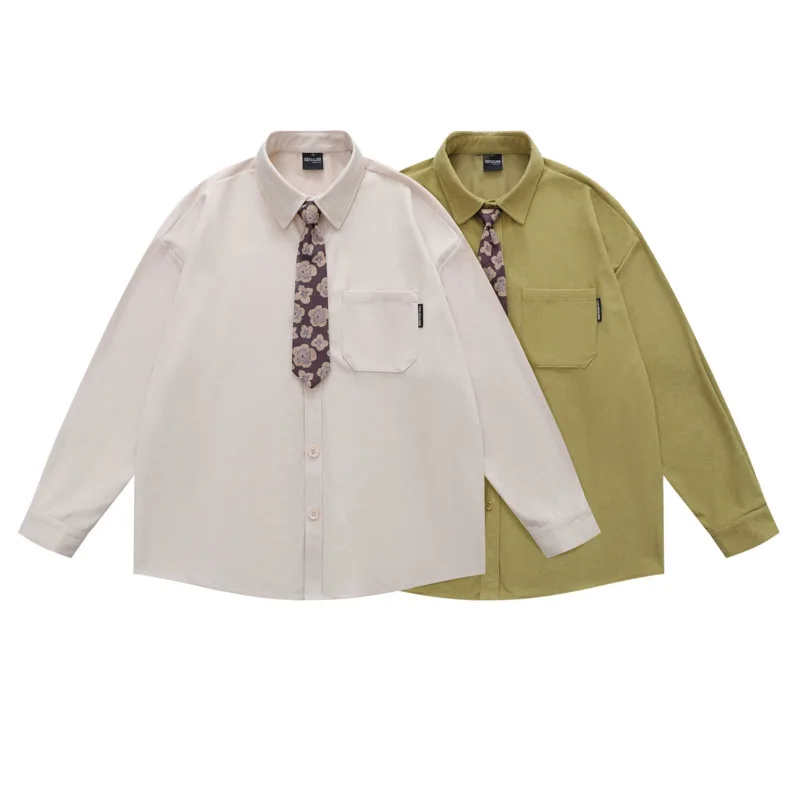 Autumn new style American retro fashion versatile corduroy solid color loose casual simple pocket design couple tie shirt