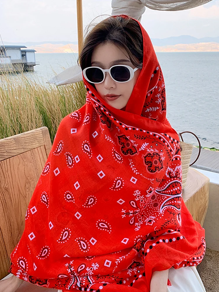 Summer Elegant Women Silk Scarf Beach Long Wrap Shawl Vintage Red Print Lady Sunscreen Bandana Hijab Mujer Bohemian Scarve Pareo