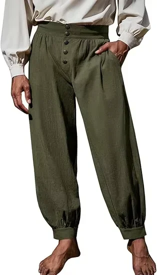 Men Vintage Medieval Pirate Trousers, Elastic Waist Button Pants for Renaissance Halloween LARP Cosplay, Daily Wear