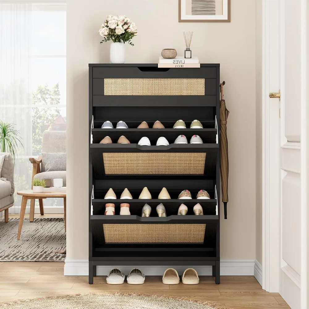 

Rattan Shoe Cabinet Storage for Entryway with 2 Flip Drawers, Narrow Slim Boho Shoe Rack Cabinet for Hallway Foyer (Black)