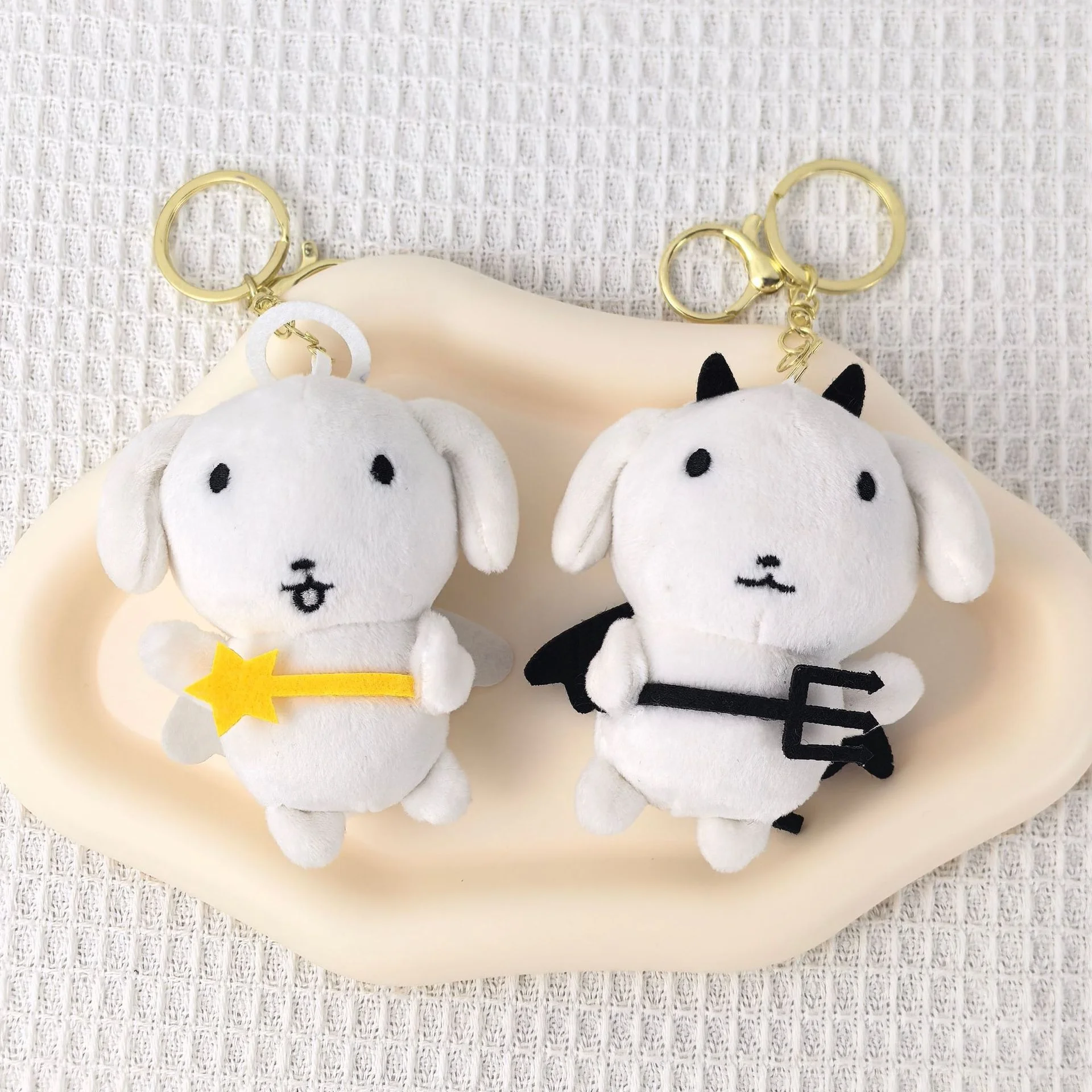 Korean New Ganadi Angel Devil White Puppy Plush Keychain Cute Kawaii Stuffed Doll Bag Pendant Charm Hanging Ornament Toy