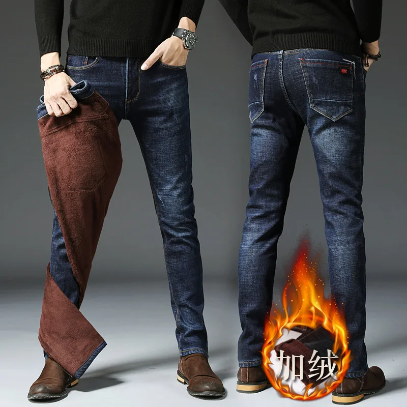 Jeans Hangat Bulu Tebal Keluaran Baru Musim Dingin Pria 1808 Celana Denim Antik Warna Solid Mode Celana Pensil Elastis Slim Fit