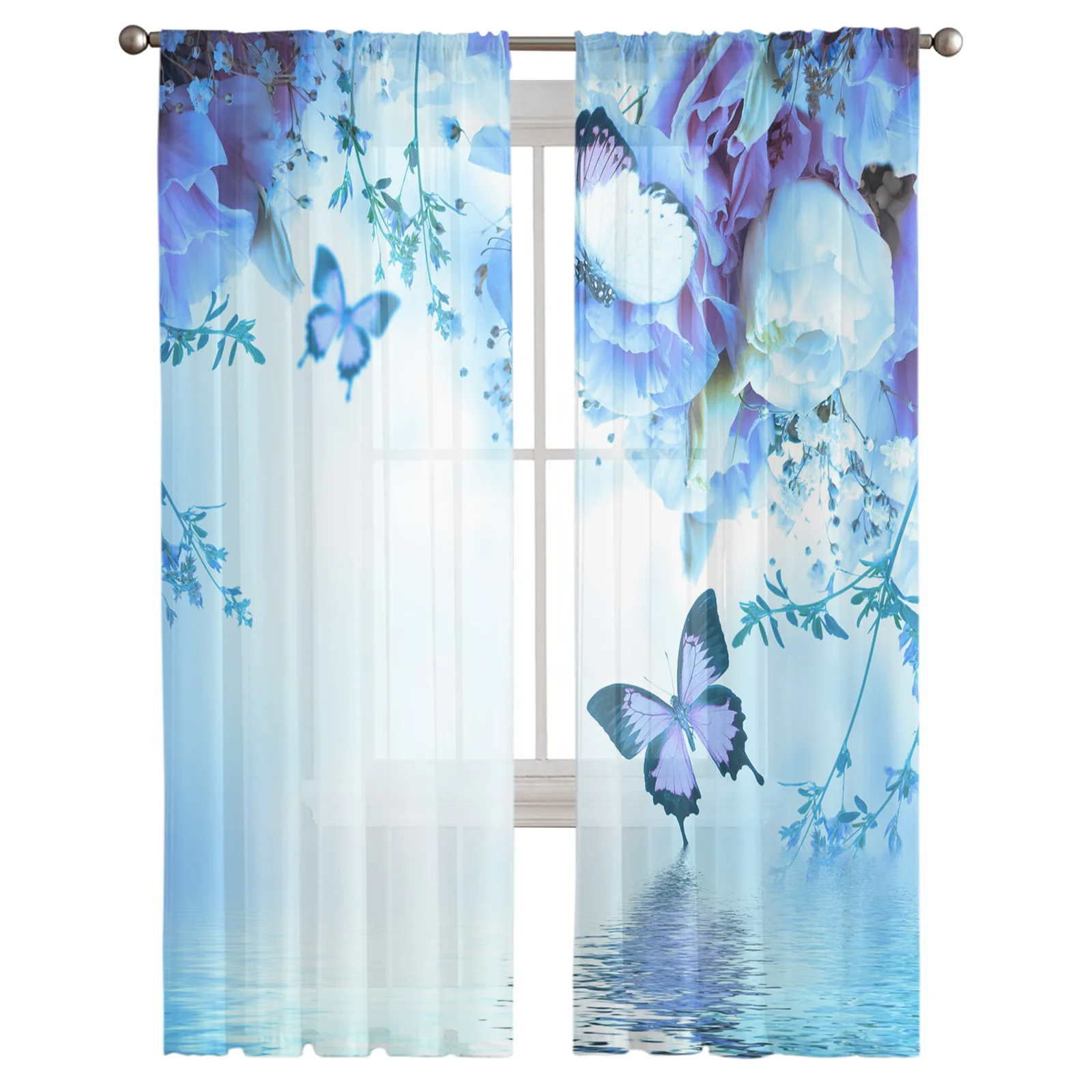 Animal Butterfly Flower Blue Rose Water Waves Sheer Curtains for Living Room Bedroom Tulle Window Curtain Voile Organza Drapes