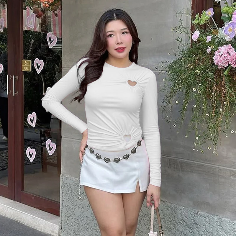 CUTENOVA Women'S Sweet Solid Color Love Hollow Out Slim Irregular Pleated Long-Sleeved T-Shirt Top Summer New Casual Simple Tops