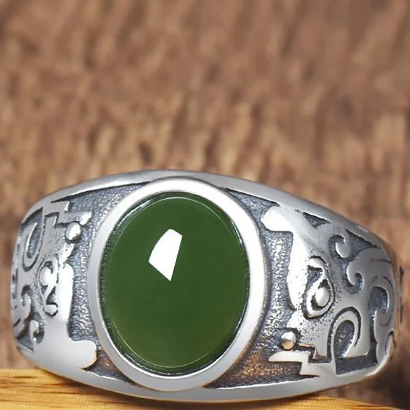 Original innovative product natural Hetian jade ring retro emerald opening adjustable ring exquisite men's silver jewelry