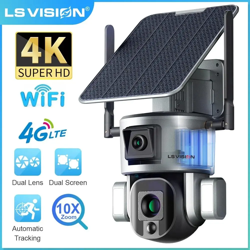 LS VISION 4K 8MP 4G/WIFI Wireless Solar Camera Dual Lens 10X Optical Zoom With Solar Panel Humanoid Tracking PTZ Security Cam