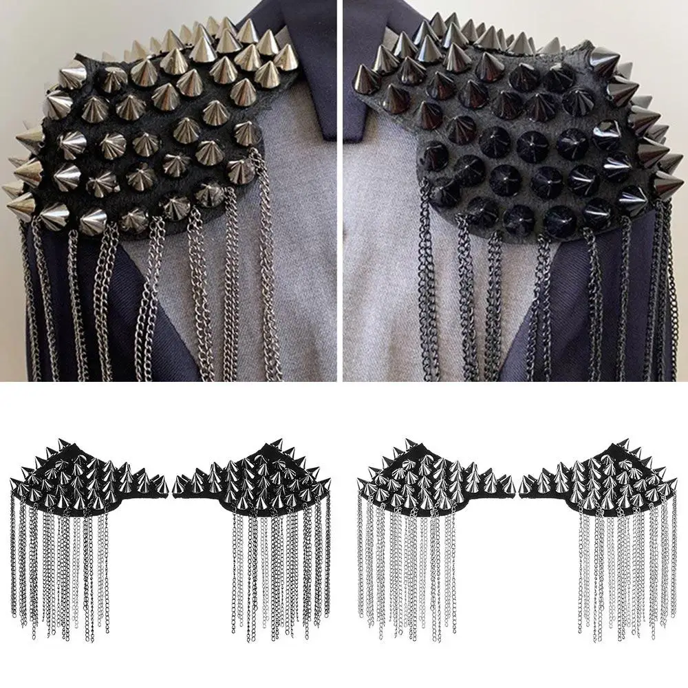 New Fashion 1 Pair Chain Tassel Rivet Shoulder Pad Brooch Punk Tassel Metal Epaulet For Women Men