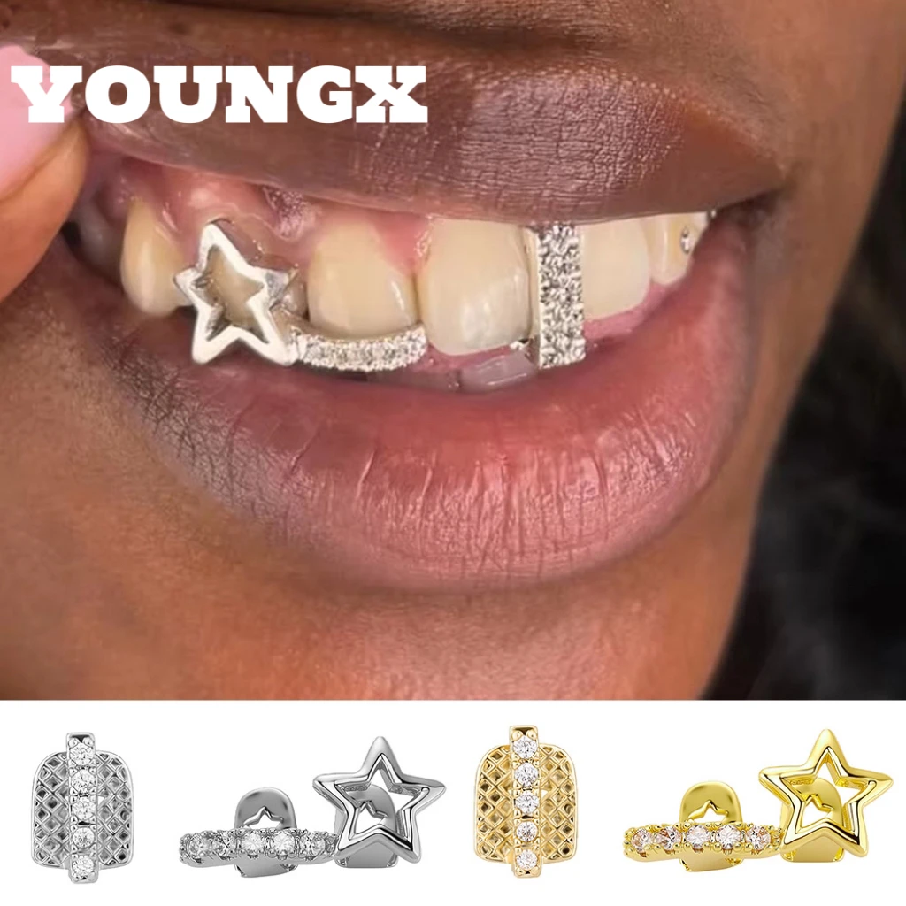 YOUNGX جديد صالح 2 قطعة/المجموعة مزدوجة الجوف ستار الأسنان قبعات للنساء الرجال Vintage الزركون الخماسي الأسنان الشوايات مجوهرات يمكن ارتداؤها يوميا