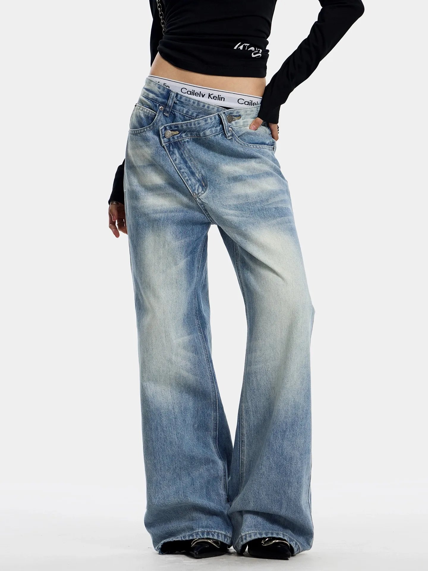 กางเกงยีนส์ทรงคาร์โก้สีน้ำเงินแบบไม่สมมาตรสำหรับผู้หญิง สไตล์ Y2K ญี่ปุ่น ฮาราจูกุ สตรีทแฟชั่น วินเทจ ลำลอง เสื้อผ้า 2025