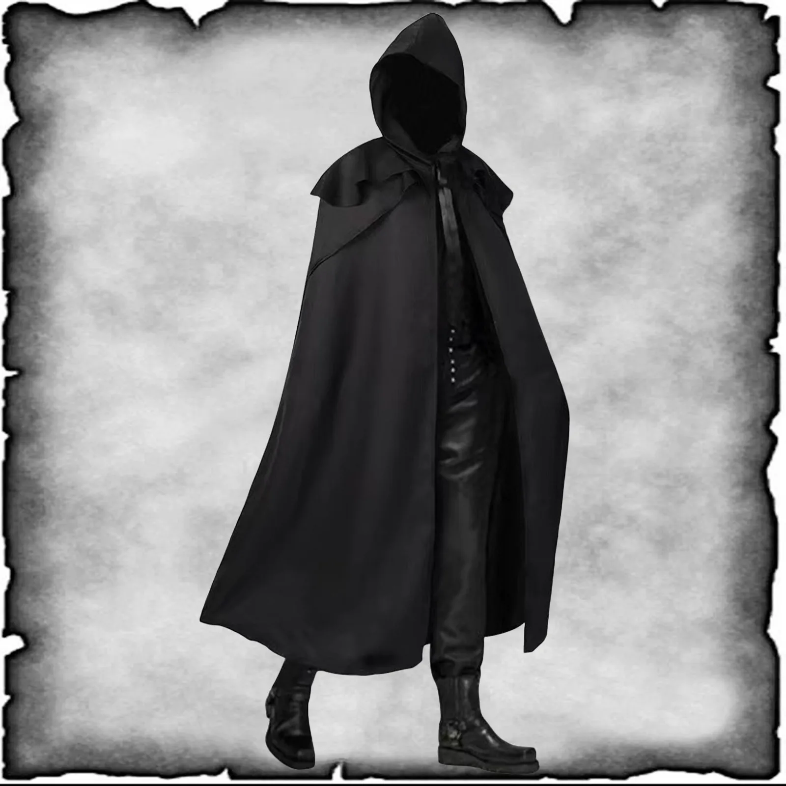 

Black Men Cloak Hooded Medieval Monk Costume Solid Windproof Mens Trench Coat Gothic Wicca Wizard Cape Halloween Death Mantles