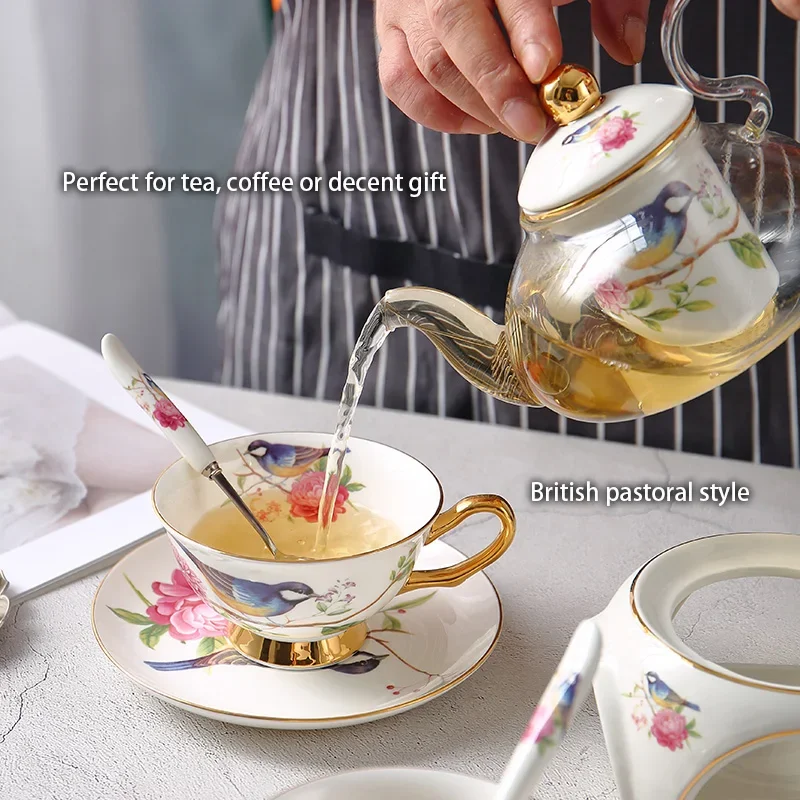 Pastoral Bird Bone China Tea Set Ceramic Cup Pot with Candler Strainer Floral Glass Teapot Ceremony Teaware Teacup