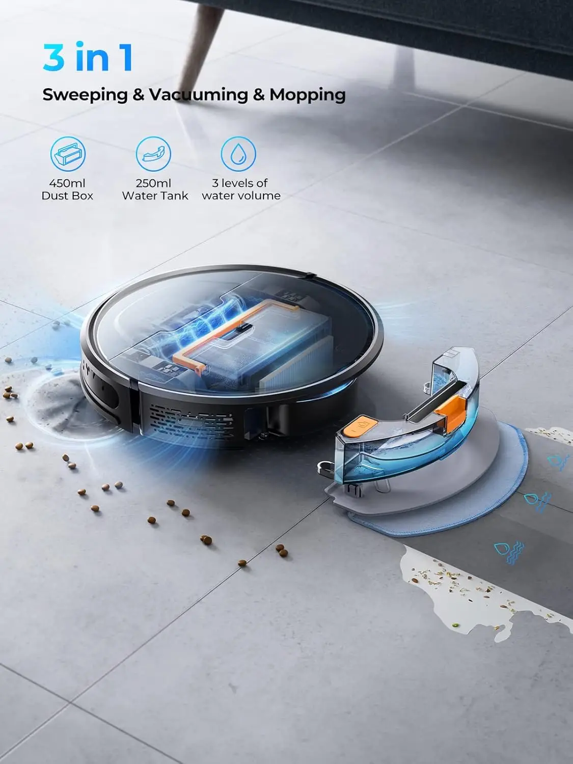 Robot Vacuums and Mop Combo, Max 4500Pa Suction, Evol 3 Robotic Vacuum Cleaner with Auto Carpet Boost, Self-Charging Rob