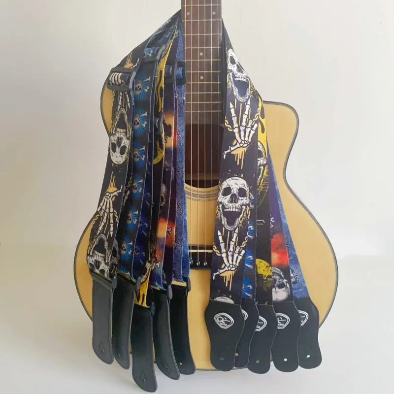 1pcs Skull Print Guitar Strap for Acoustic Electric Instruments, Universal Wooden Shoulder Strap, Durable Folk Guitar Accessory