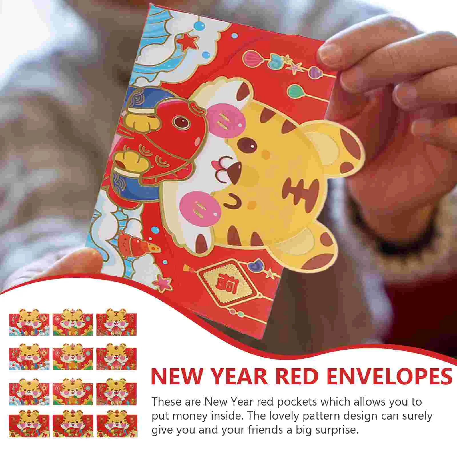 12 Pcs 2022 Year Tiger Red Packet Pocket Gift Cute Chinese Style Bag Packets Paper Creative Envelope Ceremony