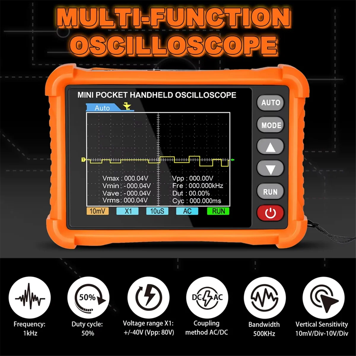 AA98 Handheld Digital Oscilloscope,2.5MS/S Real Time Sampling Rate & 500kHz Bandwidth, BT-500K 2.8-Inch Display Oscilloscope