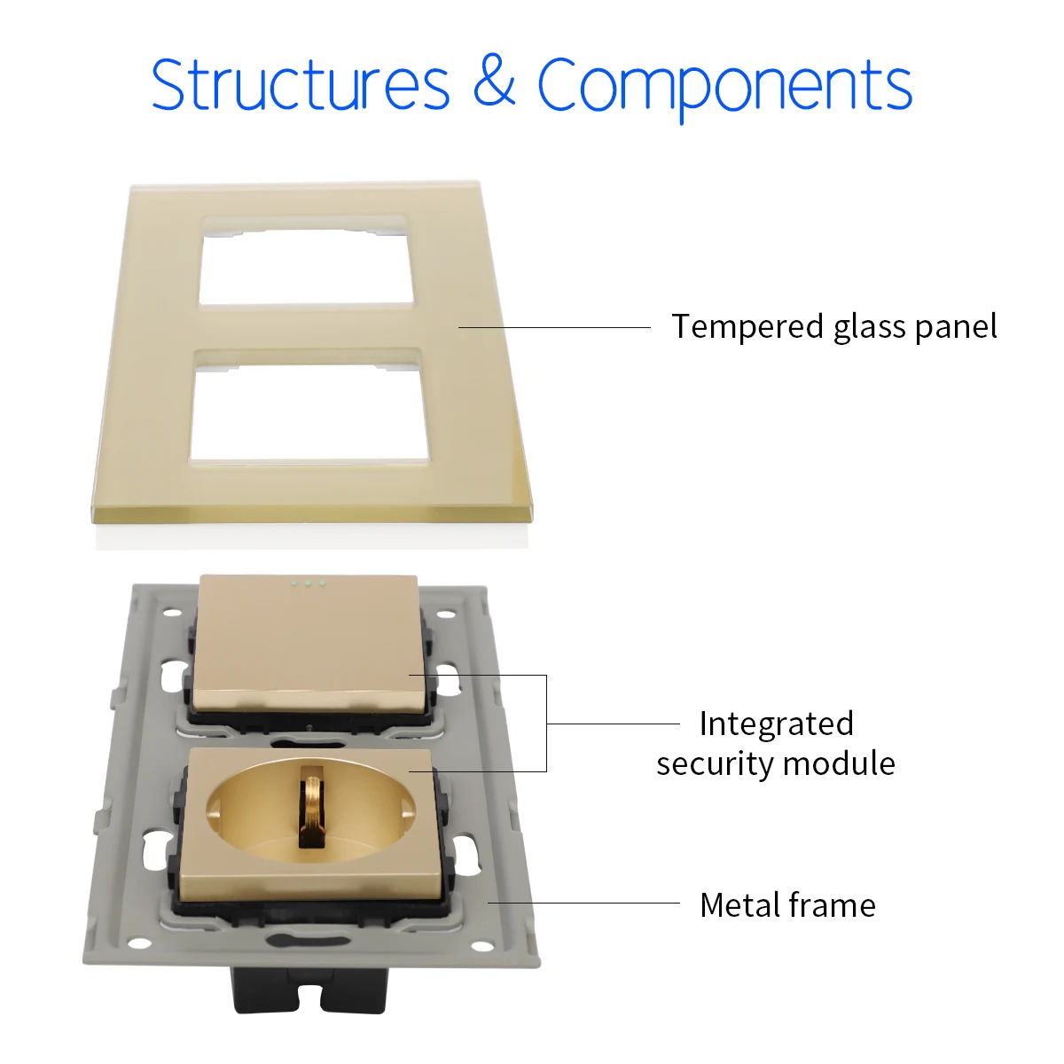 Bingoelec Golden Crystal Glass Panel 1 2 3Gang 1 2 Way Pass Through on / Off Light Switch Stair Wall Switch with EU Socket