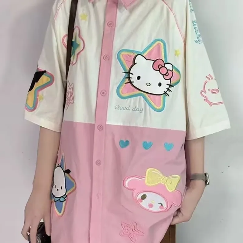 

Japanese Fun College Style Cartoon Hello Kitty Embroidery Contrasting Color Splicing Summer Loose Shirts Short Sleeved Unisex