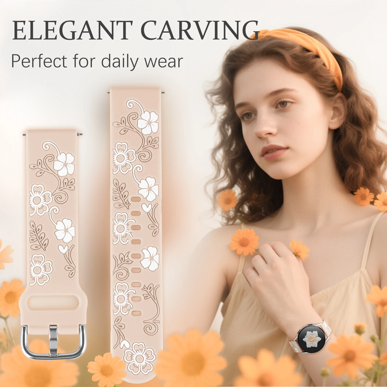 삼성 갤럭시 워치 7/FE/6/4/클래식/5/프로/3/액티브 2용 20mm 시계줄, 꽃무늬 각인 팔찌, 화웨이 gt 3 2 2e 42mm 밴드