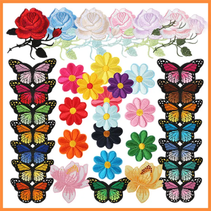 

5-36PCS Butterfly Iron on Patches Rose Flower Iron-on Embroidered Patch Sew Applique Repair Patches For Craft Clothes Sew Making
