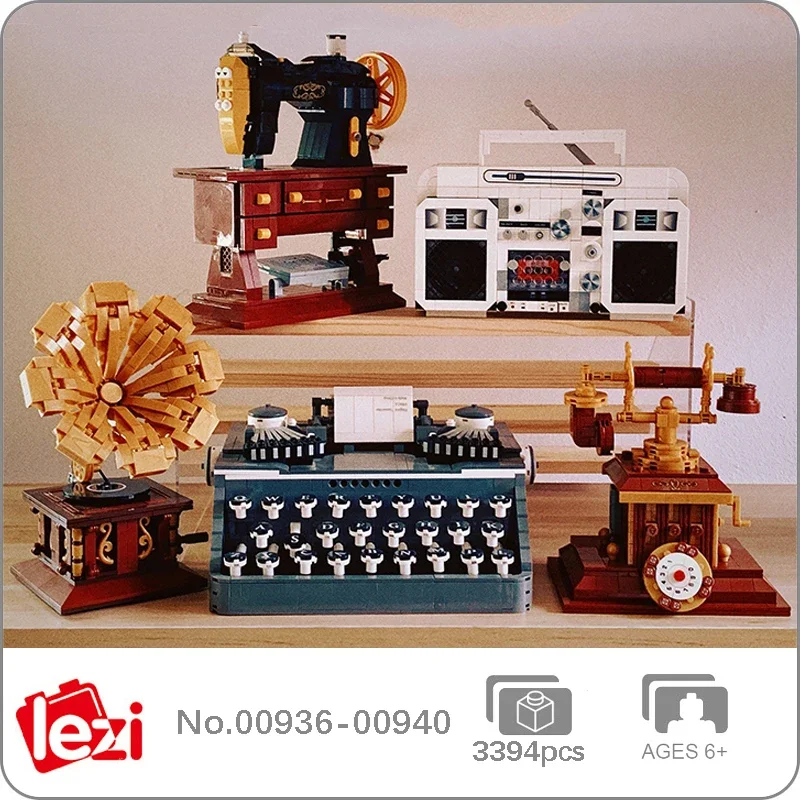 Lezi Retro Classic Sewing Machine Phonograph Radio Phone Typewriter Music Player Machine Mini Blocks Bricks Building Toy No Box