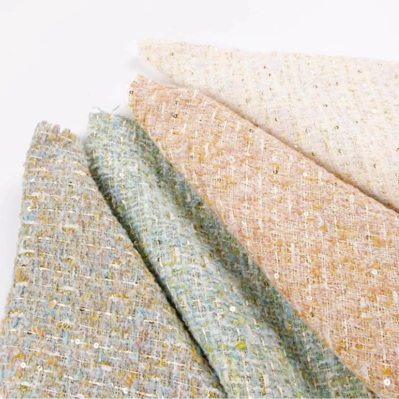 Tela bordada de estilo Chanel de Tweed tejido de lentejuelas de hilo colorido verde claro para traje vestido Material de costura de primavera y otoño