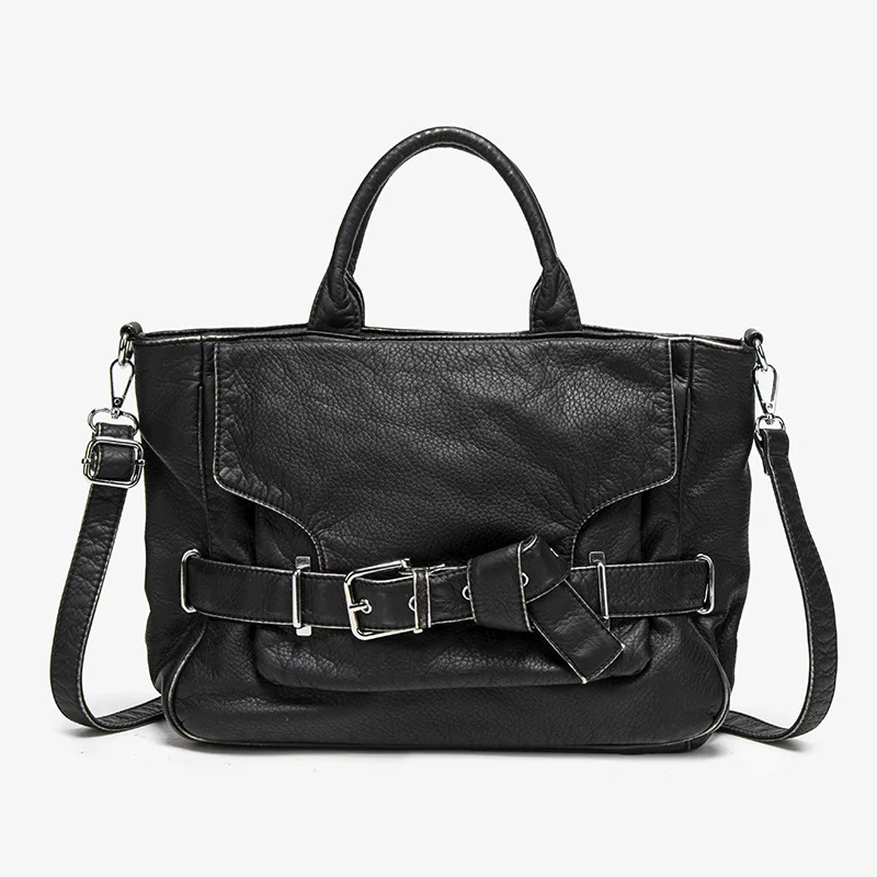 Venn Angel Women's Vintage Motorcycle Style Soft PU Leather Handbag,LargeTote Crossbody Shoulder Bag with Belt Buckle Decoration
