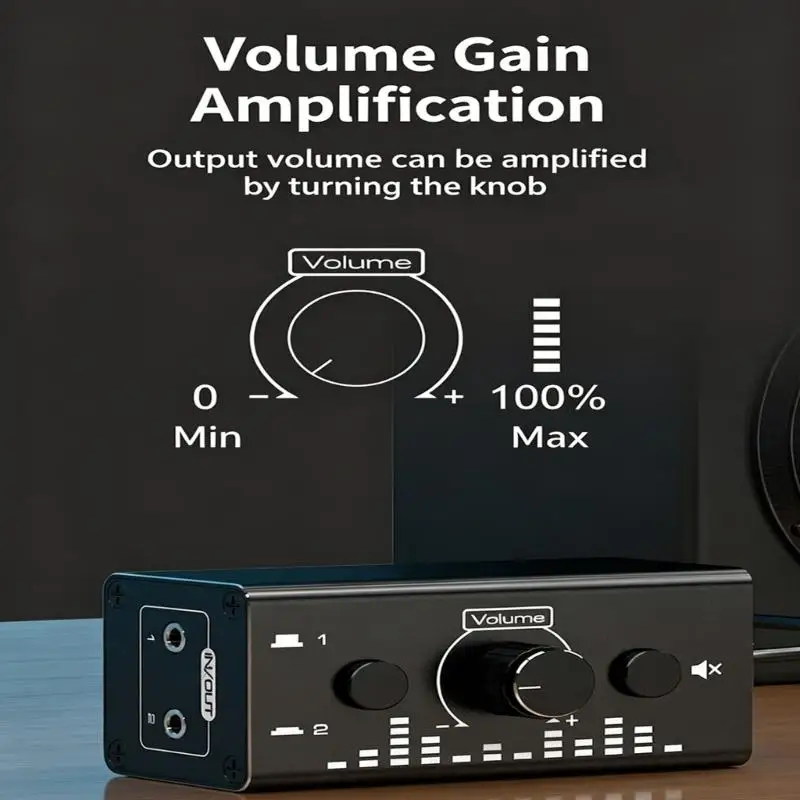 652F Portable Bidirectional 3.5Mm Stereo Sound Selectors Box With Volumes Dials For Speakers Headphones