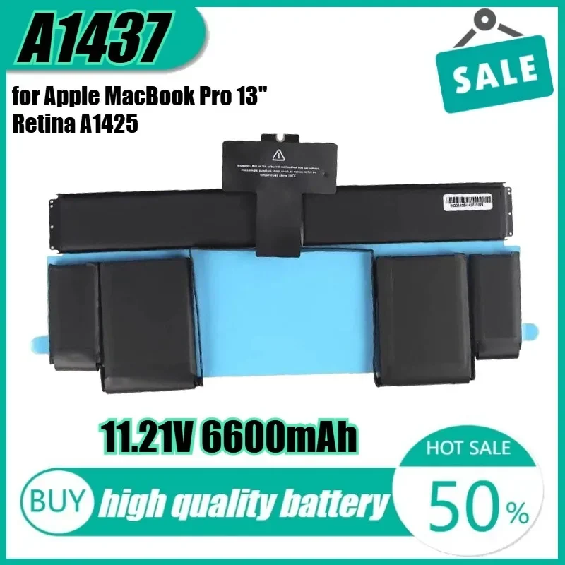 

11.21V 74Wh 6600mAh A1437 Laptop Battery for Apple MacBook Pro 13" Retina A1425 2012 020-7851-A