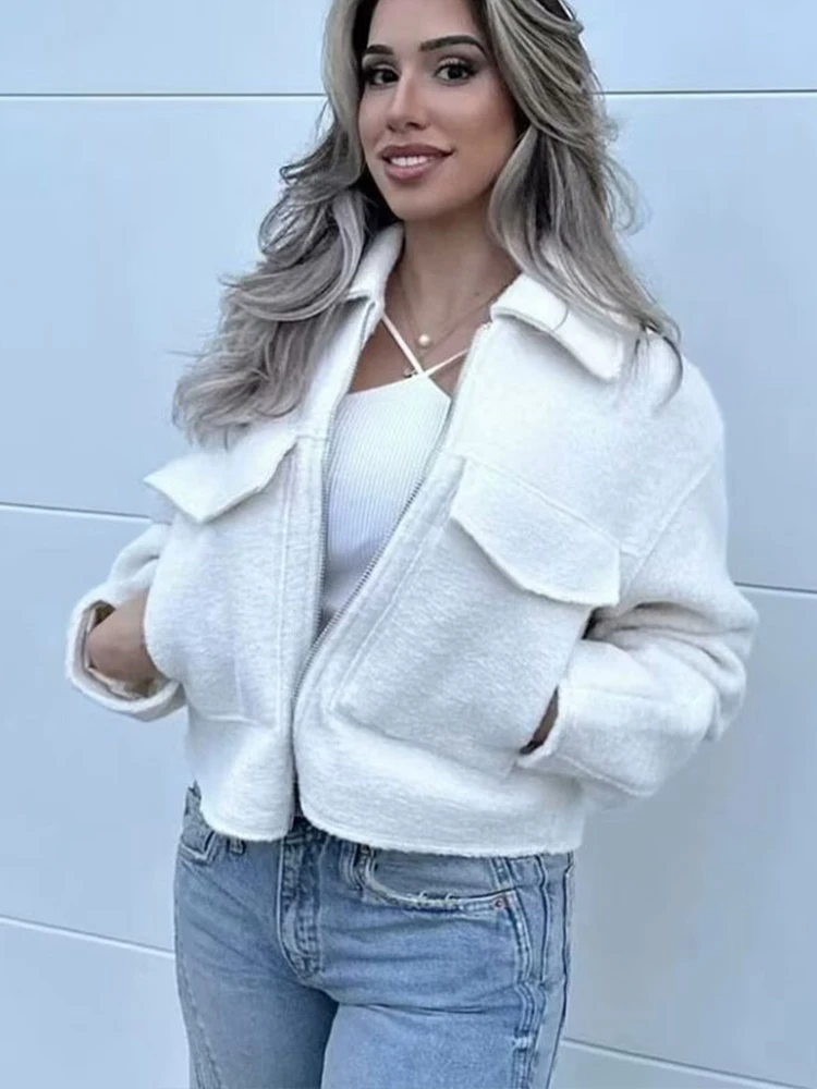 HH Women\'s Autumn Fashion Solid Color Short Jacket Retro Long Sleeve Pocket Zipper Polo Collar Jacket Women\'s Short Top Y2k
