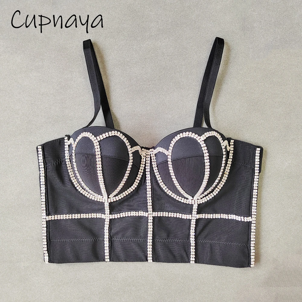 Cupnaya Shiny Faux Diamond Flower Women Sexy Crop Top Bra Pad Push-Up Short Corset Hot Party Club Bustier Autumn Inside Cami