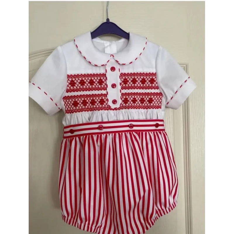 0-6Y Boy Summer Red Stripe Handmade Emboidery Smocked Outfit Suit for Birthday Photography Party Casual A334