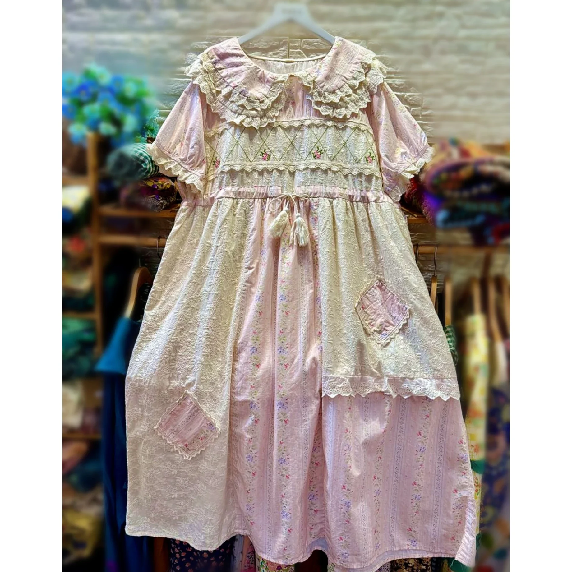 Vintage Rococo Sweet Cotton Ruffled Lace Patchwork Tunic Long Midi Dress Retro Shabby Chic Cottage Core Wedding Evening Dress