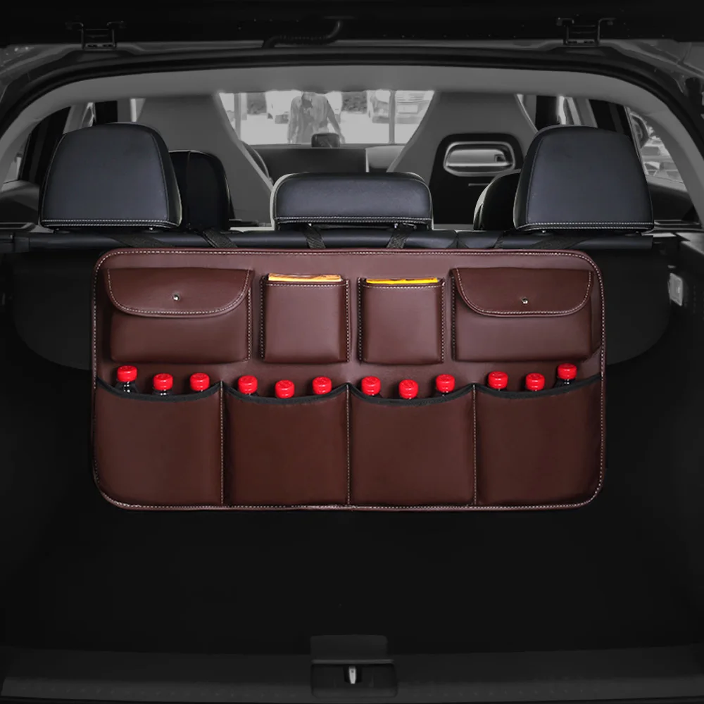 Car Styling Car Trunk Organizer Auto Stowing Tidying PU Leather Car Rear Seat Back Storage Bag Multi Hanging Nets Pocket