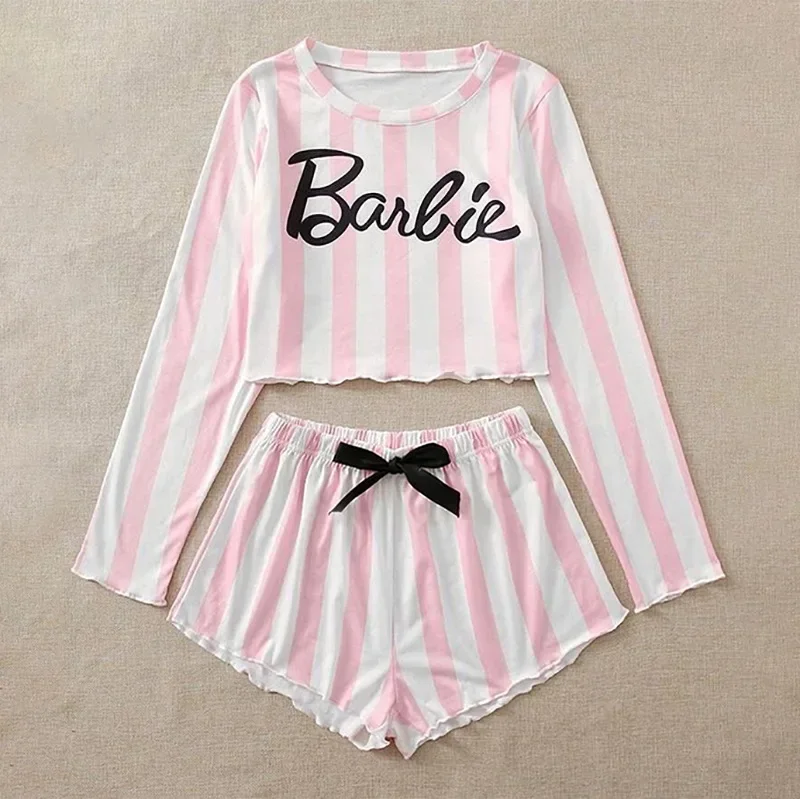 Barbie Pink and White Striped Pajamas Casual Long-sleeved Shorts Women\'s Home Wear Anime Kawaii Two-piece Set Girl Gifts