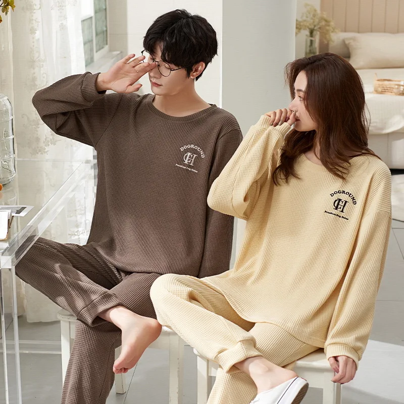 Spring and Autumn Long-sleeved Korean Pullover Cotton Sleepwear Two-piece Set Casual O-neck Couples Pajamas Women Pajama Man