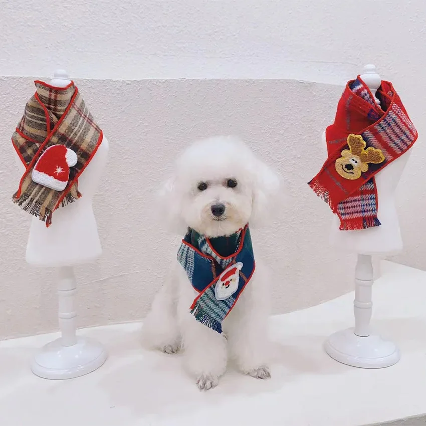 Pet Scarf Dog Cat Fur Plaid Cartoon Scarf Christmas and New Year Decoration Accessories Teddy Yorkshire Bear Halloween Pet