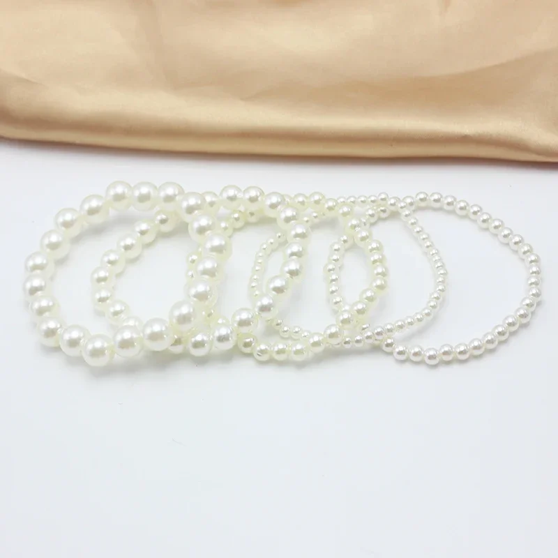 5-10mm Beige Imitation Pearl Beads Free Adjust 18cm Girth Elastic Bracelet for Women Various Sizes Customizable Wedding Gift