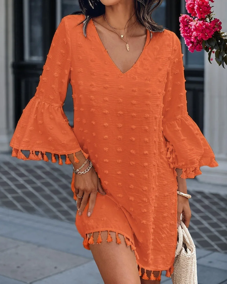 Robe Simple et élégante pour femmes, couleur unie, décontractée, col en v, manches évasées, pompon, décorative, ample, nouvelle collection printemps et automne 2025