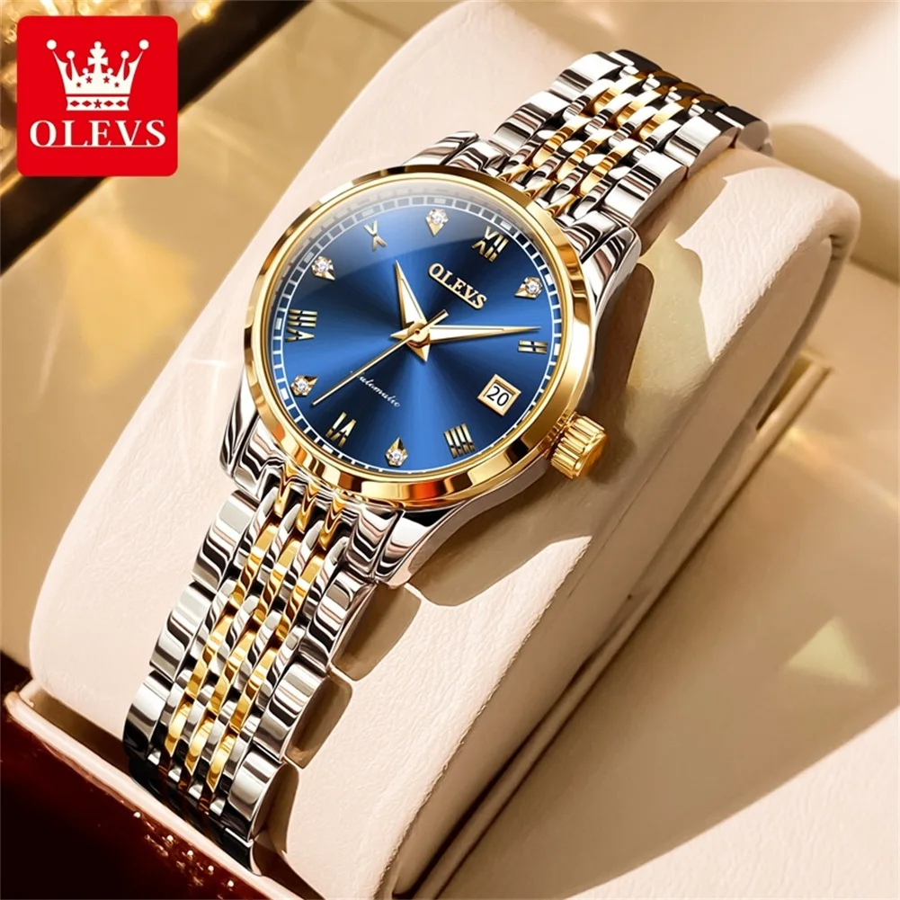 OLEVS 6602 Original Elegant Ladies Watch Calendar Stainless Steel Waterproof Luminous Women's Automatic Mechanical Wristwatch