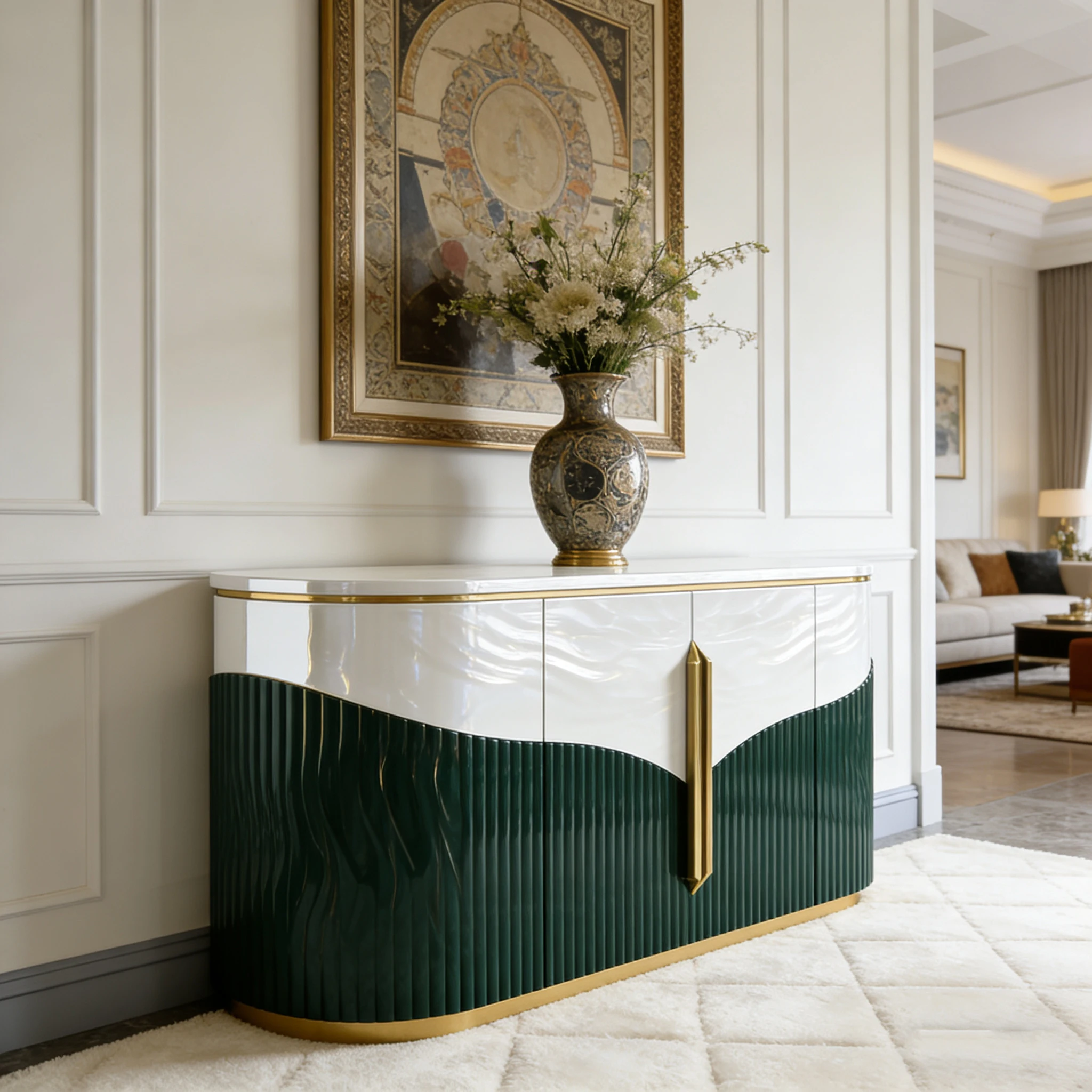 Y*-Modern Curved 4-Door Sideboard with Wave Color Block Design Spacious  for Home Dining Room